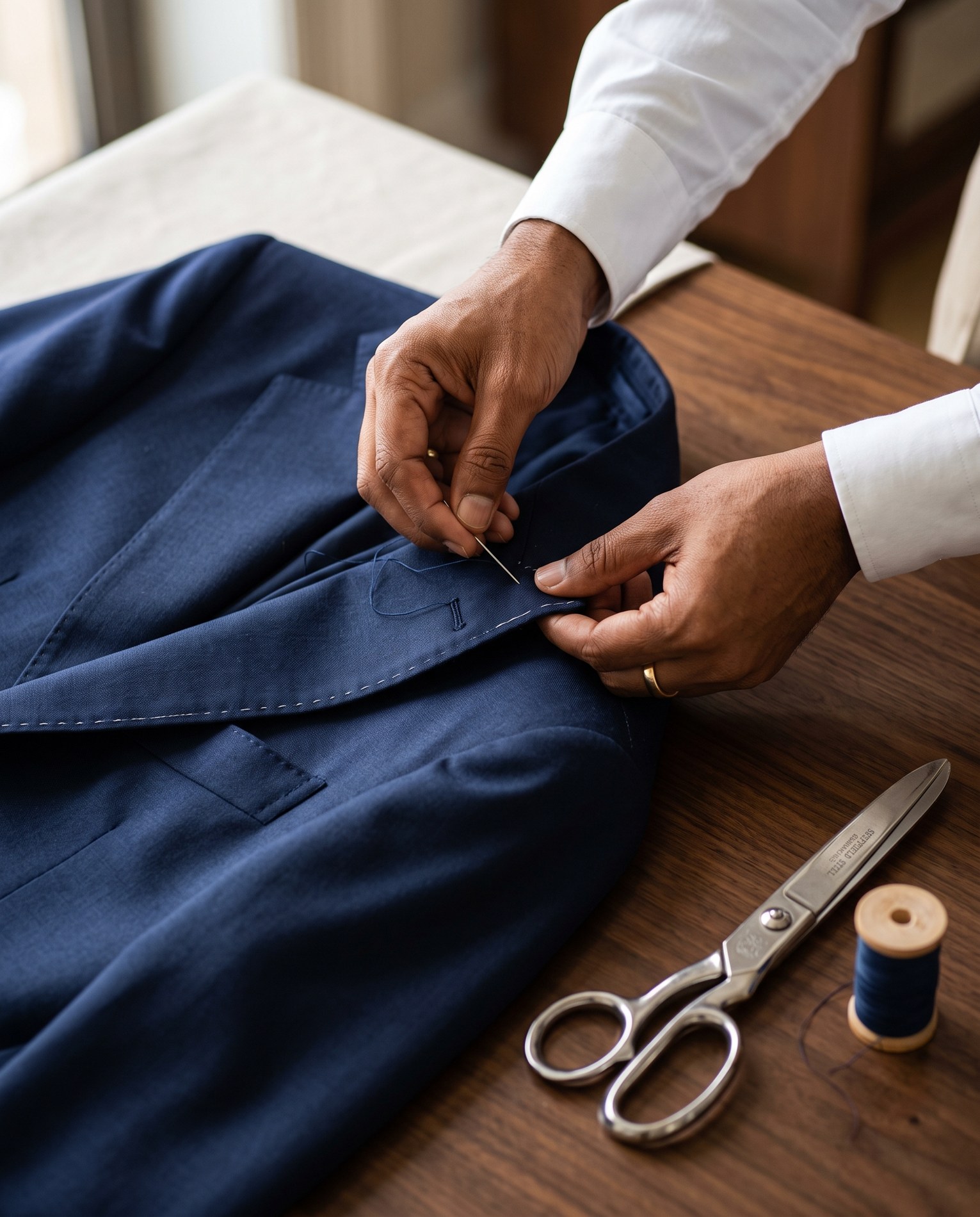 A Sellers master tailor hand-padding a jacket lapel