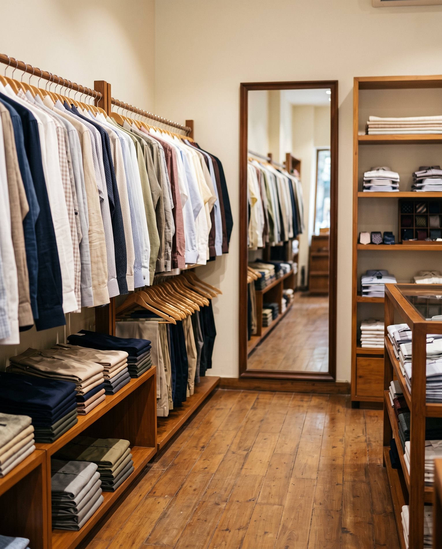 Shirt rails and folded stock on the Sellers floor, Adyar